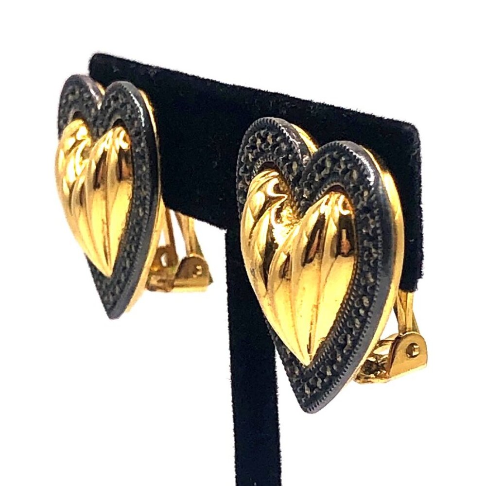 Vintage Judith Jack Gold Tone Marcasite Halo Puffy Heart Clip-On 1" Earrings - Picture 5 of 15